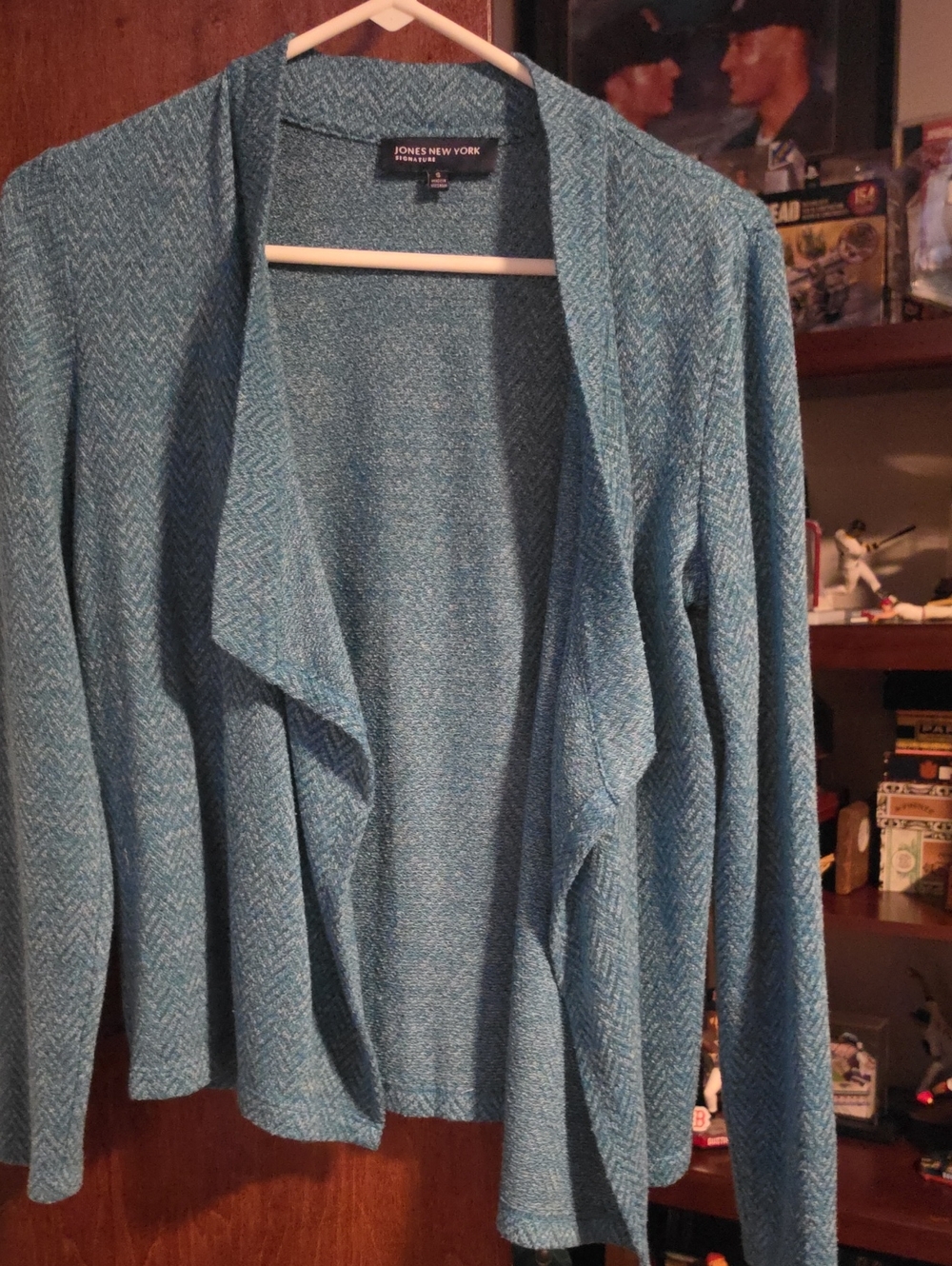 Jones New York Teal-Blue Draped Open Front Cardigan